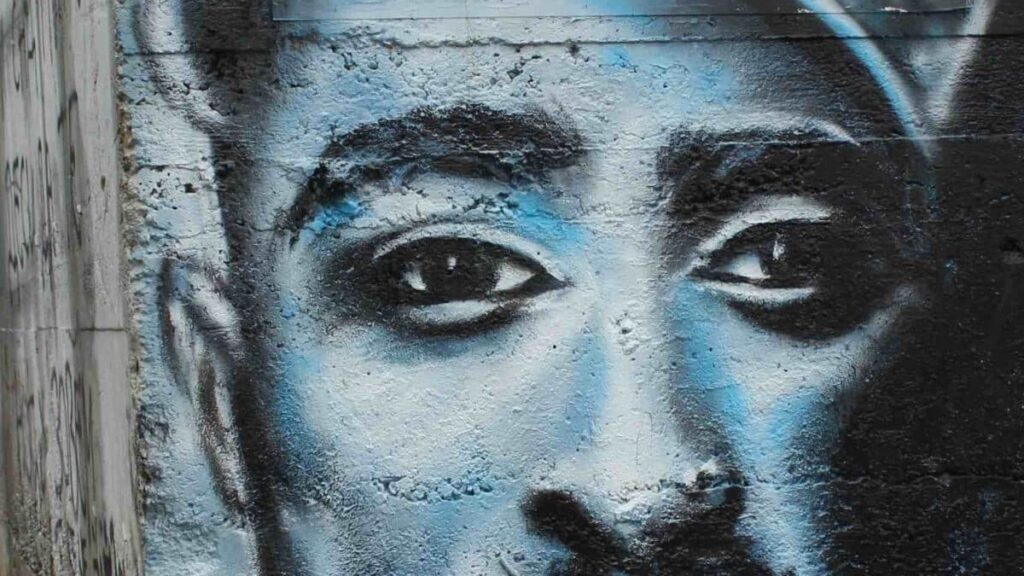 Tupac Shakur biography portrait — street art graffiti of the legendary rapper in Serbia.