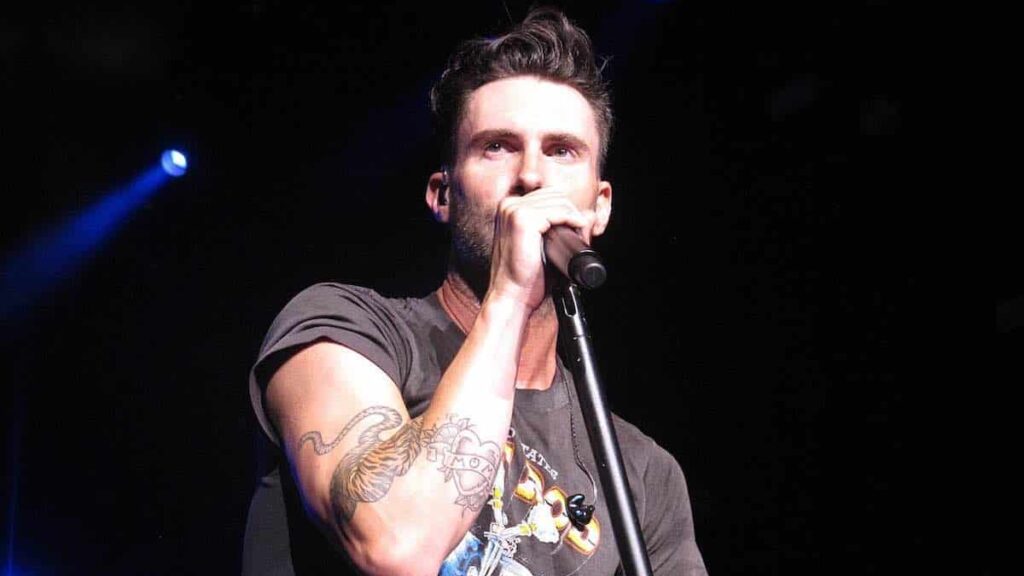 Adam Levine biography portrait — lead singer of Maroon 5 smiling at an event.