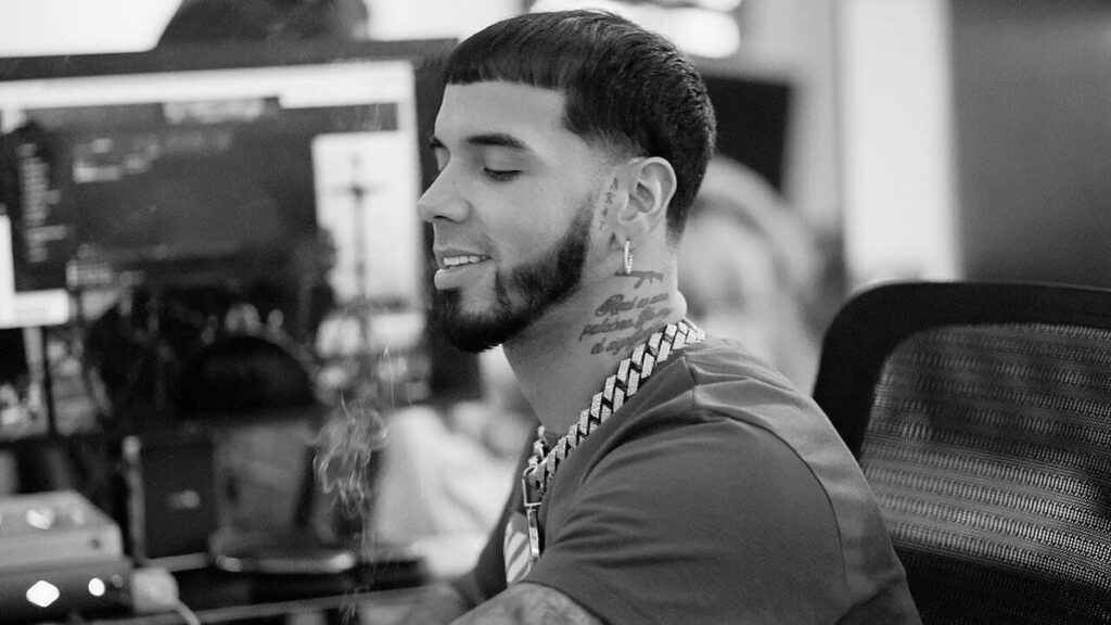 Anuel AA biography portrait — performing live on stage during a concert.