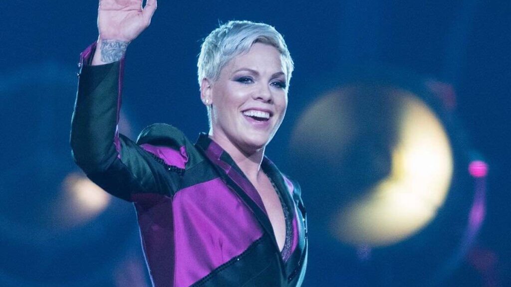 Pink biography portrait — performing live during the Beautiful Trauma tour.