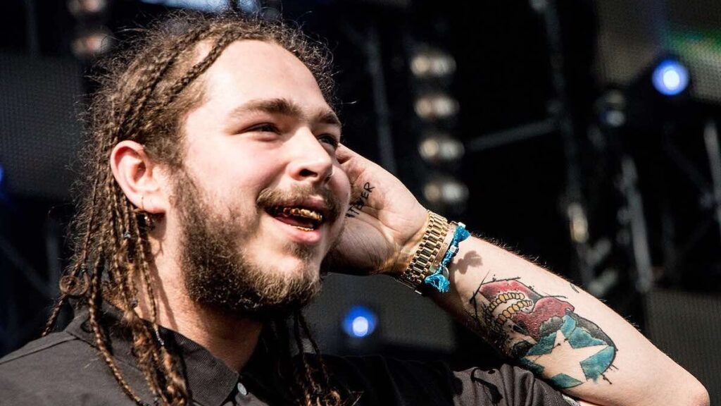 Post Malone biography portrait — performing live on stage at Veld Music Festival.