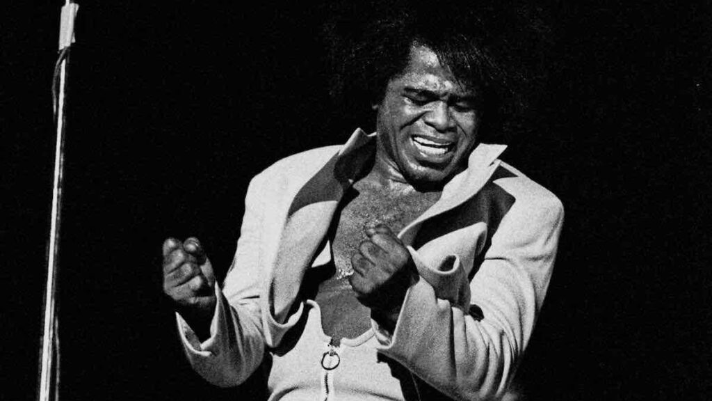 James Brown biography portrait — performing live in concert on stage in Hamburg in 1973.